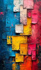 Colorful abstract background painted with bright colors on a wooden wall.