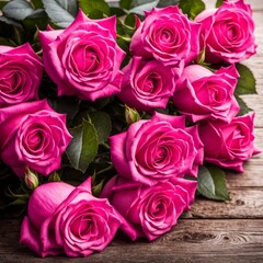 Fototapeta premium Beautiful Hot Pink roses on wooden background