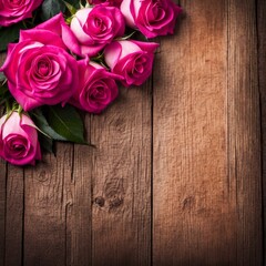 Beautiful Hot Pink roses on wooden background