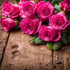 Beautiful Hot Pink roses on wooden background