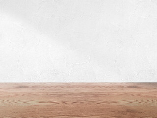 白い壁とナチュラルで茶色い木目の床の背景画像素材、淡い影が入った壁とフローリングのバックグラウンド、ファッション、雑貨、化粧品、健康食品、フードの背景３D