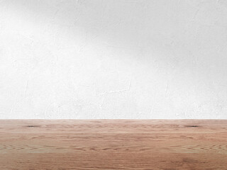 白い壁とナチュラルで茶色い木目の床の背景画像素材、淡い影が入った壁とフローリングのバックグラウンド、ファッション、雑貨、化粧品、健康食品、フードの背景３D