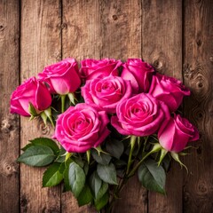 Beautiful Hot Pink roses on wooden background