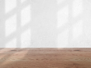 白い壁とナチュラルで茶色い木目の床の背景画像素材、淡い影が入った壁とフローリングのバックグラウンド、ファッション、雑貨、化粧品、健康食品、フードの背景３D