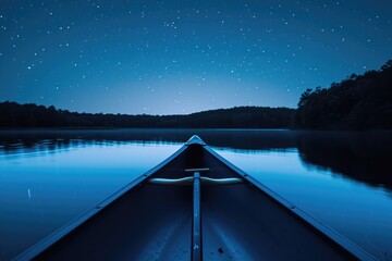 Canoe on the lake, night sky, stars, moonlight.