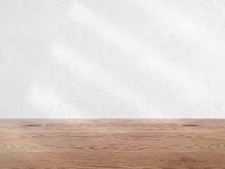 白い壁とナチュラルで茶色い木目の床の背景画像素材、淡い影が入った壁とフローリングのバックグラウンド、ファッション、雑貨、化粧品、健康食品、フードの背景３D