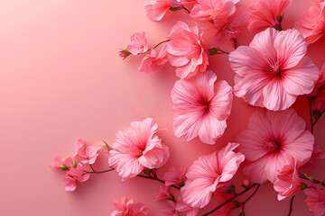 Background of pink flowers with empty space for text or greeting card design. Postcard for International Women's Day and Mother's Day.