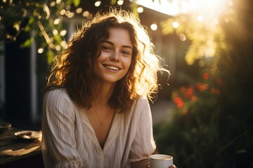 Sunny serenity: Woman smiles in golden hour warmth, holding a coffee mug&mdash;a moment of joy in the sun.