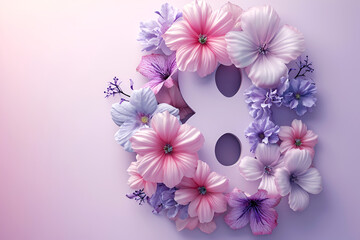 Number 8 made of flowers, colorful and rich violet background. Postcard and layout for International Women's Day.