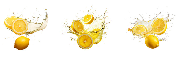 Set of lemon with lemon juice splash isolated on a transparent background