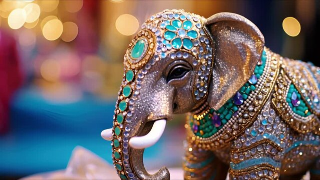Closeup of a bejeweled elephant statue decorated with ornate patterns at a cultural fair.
