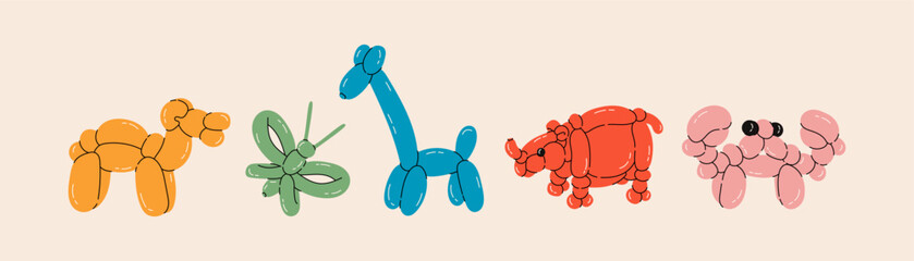 Set of balloon animals, Camel, Butterfly, Giraffe, Rhino, Crab. Birthday celebration party. Fancy abstract characters isolated vector. Colorful drawing of inflatable toys made of twisted balloons
