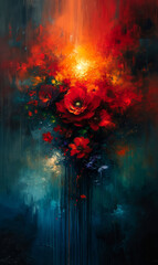 Abstract painting of a bouquet of red poppies on a dark background.