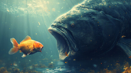 Big Fish Eating Small Goldfish Underwater. - obrazy, fototapety, plakaty