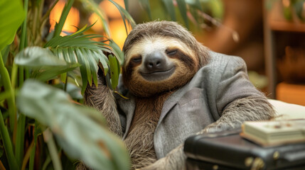 Fototapeta premium Sloth Relaxing Amongst Green Foliage.