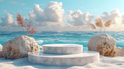 close-up a white podium in round-shaped displayed on the sand. Blue sky background.