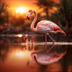 A flamingo gracefully wading through shallow waters with a mirror-like reflection