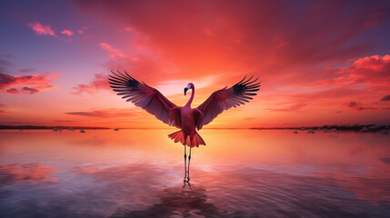 Naklejka premium Flamboyant flamingo spreading its wings against a vibrant sunset background
