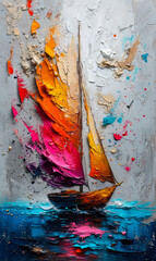 Sailboat on a background of multicolored paint splashes.