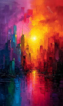 Abstract colorful background, illustration of urban landscape with skyscrapers. © suwandee