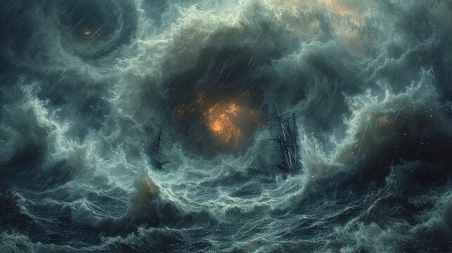 a tornado storm at sea with a ship bobbing amidst huge waves.