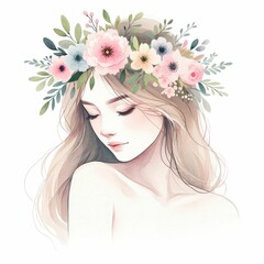 Fototapeta premium woman face surrounded by flowers, watercolor, isolated on white background for women's day 