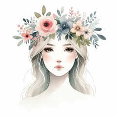 woman face surrounded by flowers, watercolor, isolated on white background for women's day 