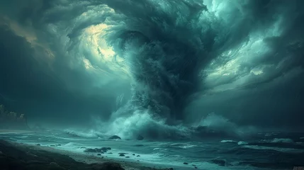 Fotobehang a tornado storm in the middle of the open ocean, with tornadoes appearing over the water. hypermaximalist, © pengedarseni