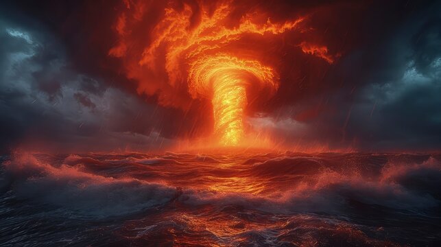 a tornado storm over the ocean at dusk, with the sky ablaze with the reddish hues of the setting sun.