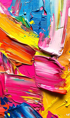 Abstract colorful oil painting on canvas texture background. Closeup of brushstrokes of paint.