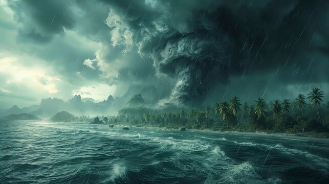 a tornado storm in the ocean with a tropical island in the distance, creates a contrast between the beauty of nature and the danger of the storm.