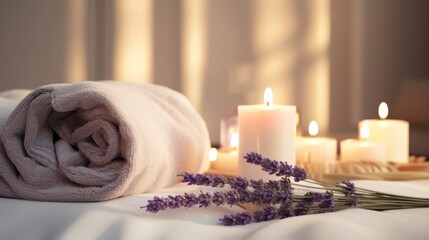 Beautiful spa composition with towels, flowers and candles