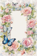 Pastel watercolour frame soft blooming roses vine butterflies