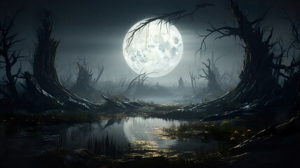 Naklejka premium full moon over the river