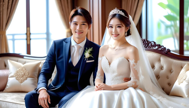 Portrait of happy smiling beautiful and cute young bride model woman in fashion elegant and classy luxury wedding dress with beautiful hairstyle and makeup and handsome groom model man sitting on sofa