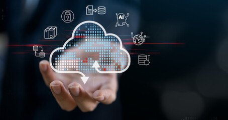 Human hand holding cloud technology transfer, Data storage, network, Internet, server services, online, system for sharing download and upload big data information, backup service concept
