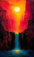 Abstract painting of a full moon rising over a mountain with red and yellow colors.
