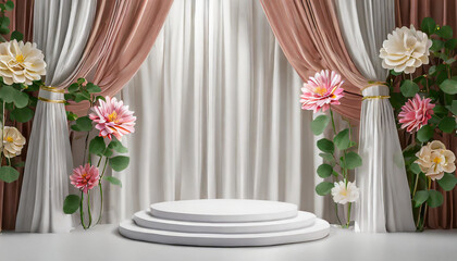 Abstract Bloom: 3D White Podium Background with Artistic Flower Curtain