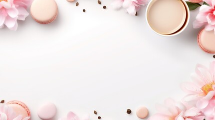 Naklejka na ściany i meble Milk Tea, pink rose petals, flowers displayed on white backdrop with space for copy. Menu motif. generative AI