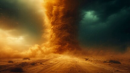 The sky was dark with thunder rumbling, as a sand tornado crossed the desert.