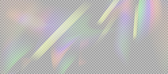 Rainbow light prism effect, transparent background. Crystalline glare leakage reflection. Abstract blurred rainbow light background overlay effect. - obrazy, fototapety, plakaty