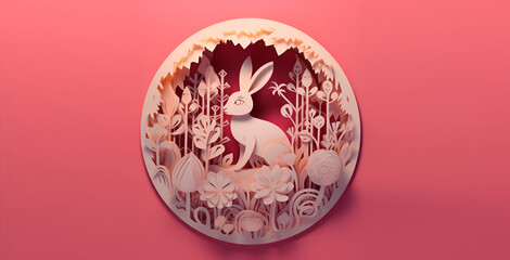 Beautiful Easter card. Paper d&eacute;cor. hare, paper flowers. appliqu&eacute;, creativity.. banner