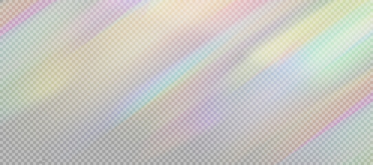 Rainbow light prism effect, transparent background. Crystalline glare leakage reflection. Abstract blurred rainbow light background overlay effect.	