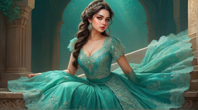 Omar Rayyan style illustration of a very beautiful twenty-year-old woman, similar to Ana Brenda Contreras, dressed in a beautiful turquoise green lace dress, green mist Generated AI