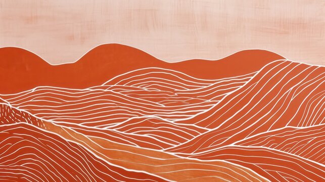 modern abstract painting with a touch of minimalist boho style for a landscape. Utilize strong geometric lines and a warm color palette, including shades of orange, beige, and terracotta