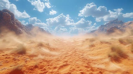 sand tornadoes in the desert surrounded by green oasis views. - obrazy, fototapety, plakaty