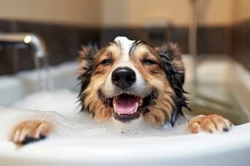 Delighted Canine Relishing Bath Time In The Bathtub