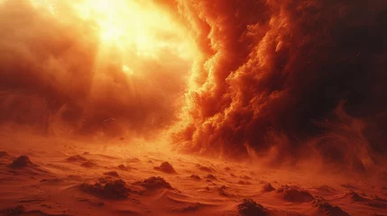 Foto op Plexiglas a sand tornado scene in the desert with red sand creating a powerful visual effect. © pengedarseni