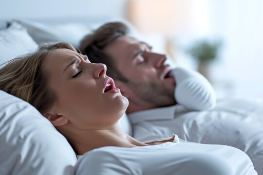 A Man And A Woman Snore, Disturbing The Sleep Of A Married Couple