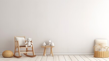 A minimalist nursery room with a rocking chair, a small table with a teddy bear and a basket on the floor. The room has a white wall and wooden floor.